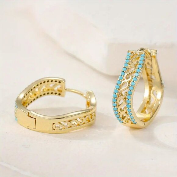 14K Gold Womens 2ct Blue Turquoise Gemstone Small Hoop Earrings New 14 K Silver